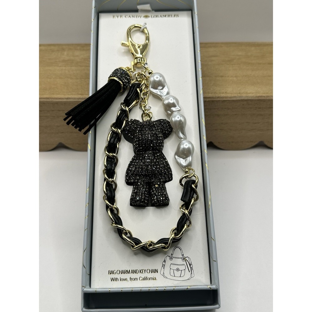 Eye Candy Rhinestone Black Bear And Tassel Wrist Strap Bag Charm New With Box